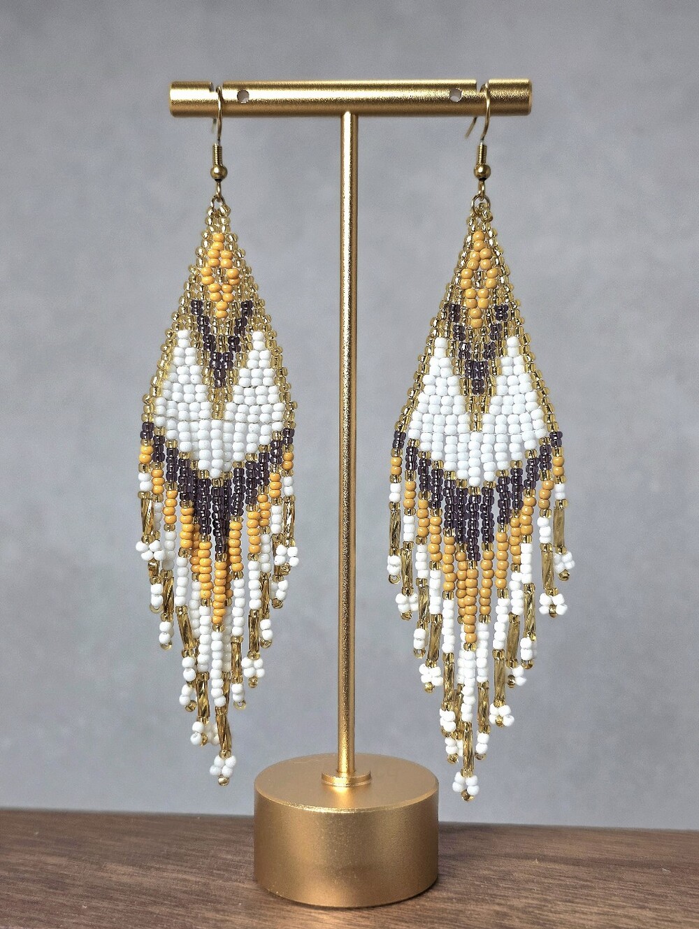 Handmade Brie Geo Boho Earrings Beaded Fringe Southwestern Jewelry - Gold Pink